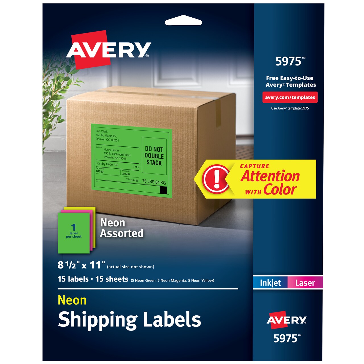 Avery Printable Shipping Labels, 8-1/2" x 11", Assorted Neon Colors (Magenta, Green, and Yellow), Laser & Inkjet Compatible, 15 Labels Total (5975)